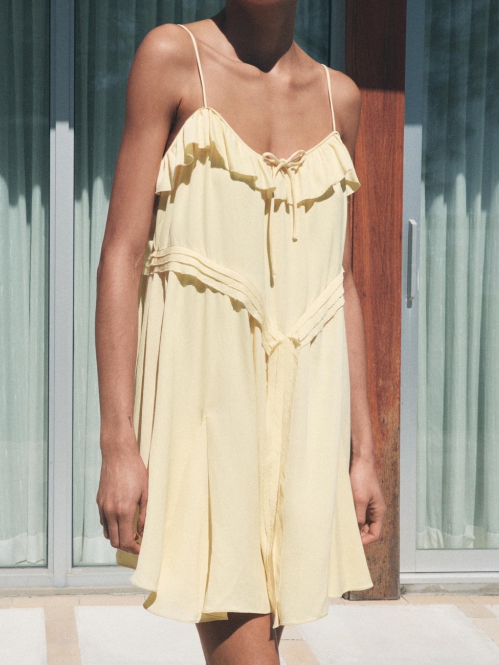 Zara Light Yellow Ruffle-Trim Spaghetti Strap Dress